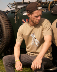 Men’s khaki T-shirt featuring a 1961 Triumph Bonneville T120