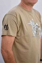 Men’s khaki T-shirt featuring a 1961 Triumph Bonneville T120