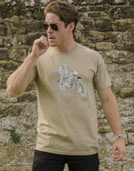 Men’s khaki T-shirt featuring a 1961 Triumph Bonneville T120