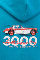 Ladies’ azure blue hoody featuring an Austin Healey 3000