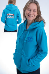 Ladies’ azure blue hoody featuring an Austin Healey 3000