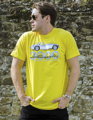 Men’s Duster yellow T-Shirt featuring the Austin Healey 3000 in 'launch' guise