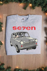 Heather Grey, Fruit-of-the-Loom T-shirt featuring a 1959 Austin 7 ‘mini’