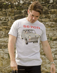 Heather Grey, Fruit-of-the-Loom T-shirt featuring a 1959 Austin 7 ‘mini’