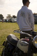 Men's Heather Grey Jacket featuring a 1961 Triumph Bonneville T120 reminiscent to advertising style of the era