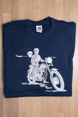 60th celebration Navy T-Shirt featuring the iconic Triumph Bonneville T120