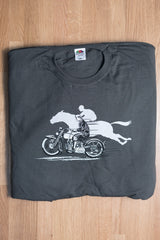 Men’s light graphite T-shirt featuring a 1932 Harley/Horse Race