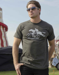 Men’s light graphite T-shirt featuring a 1932 Harley/Horse Race