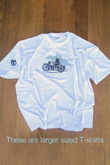 Larger size Men’s white T-shirt featuring Harley/Horse Race