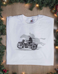 Larger size Men’s white T-shirt featuring Harley/Horse Race