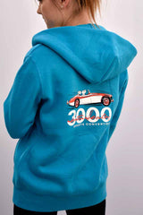 Ladies’ azure blue hoody featuring an Austin Healey 3000