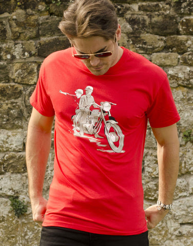 60th celebration red T-shirt featuring the iconic Triumph Bonneville T120