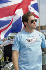 Men’s cornflower blue T-shirt featuring a Triumph TR ‘Surrey Top’