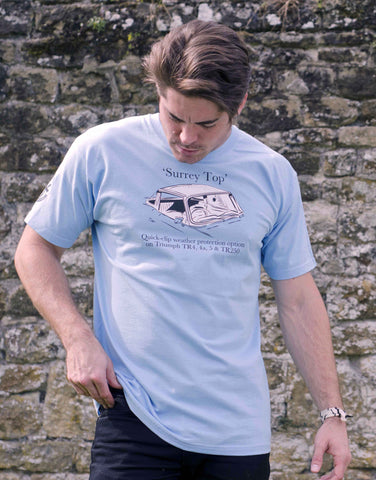 Men’s cornflower blue T-shirt featuring a Triumph TR ‘Surrey Top’