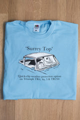 Men’s cornflower blue T-shirt featuring a Triumph TR ‘Surrey Top’